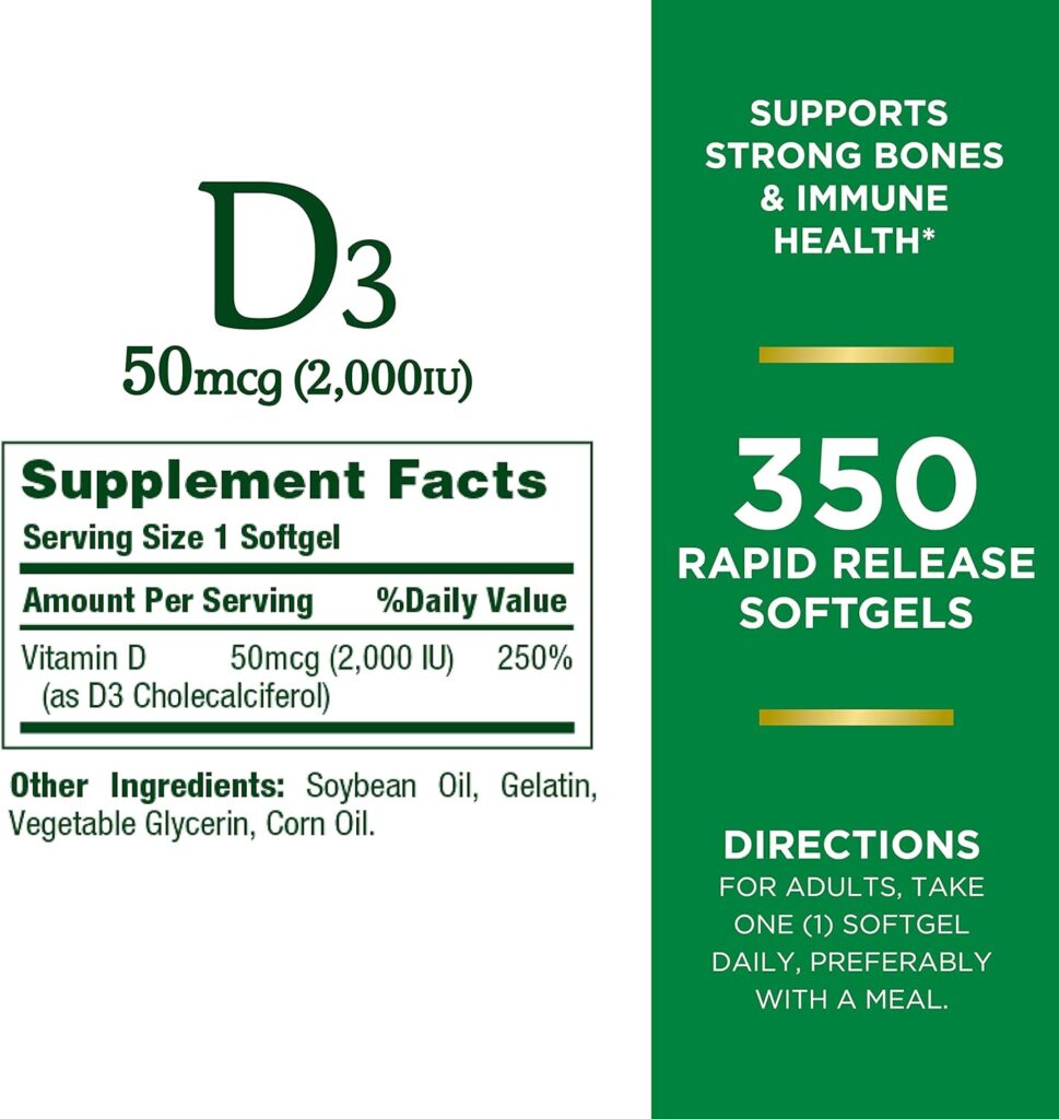 Natures Bounty Vitamin D3, Immune and Bone Support, 2000IU, Softgels, 240 Ct