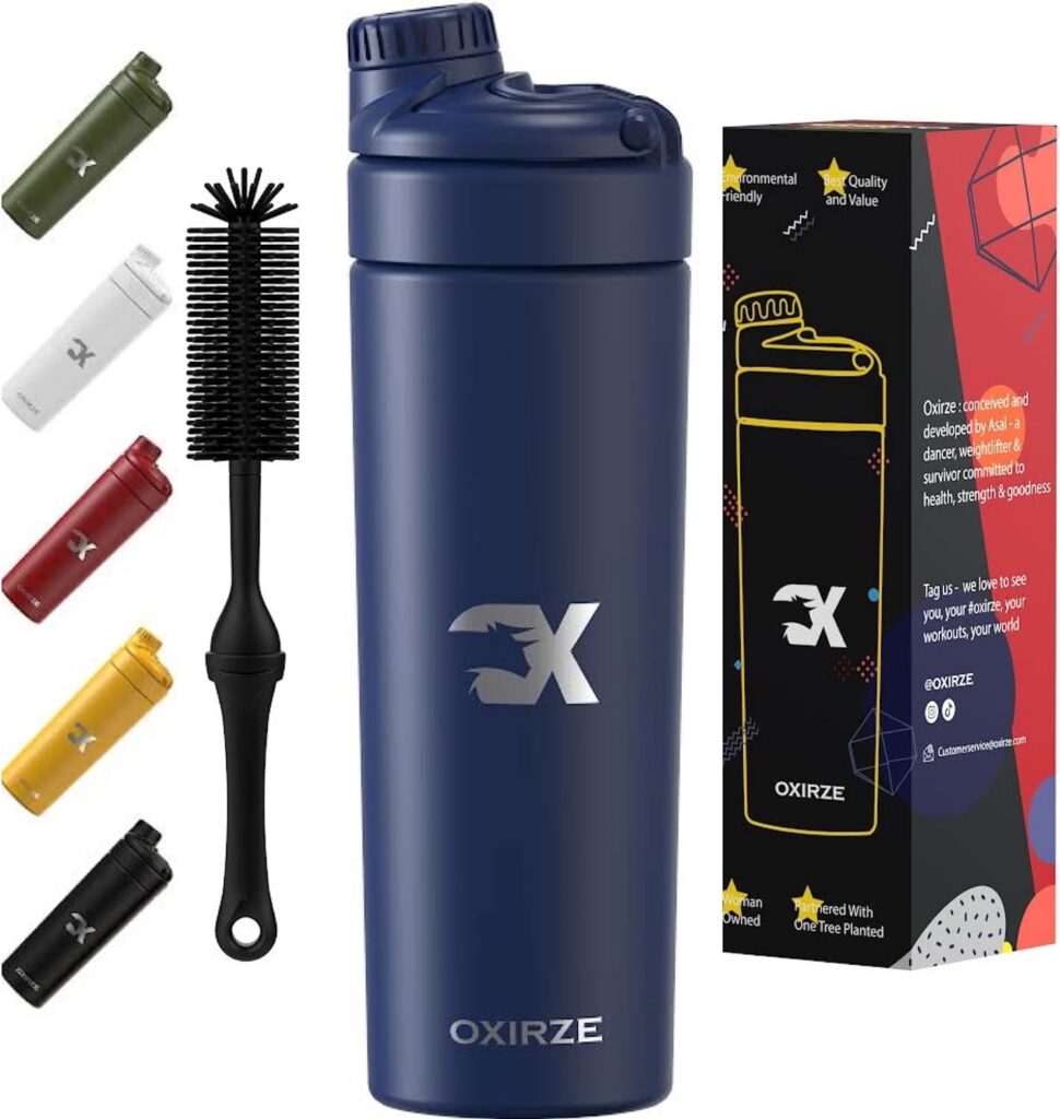 Oxirze Stainless Steel Gym Protein Shaker  Water Bottle, Insulated Double Wall - 25oz Cup for Smoothie Mixes with Silicone Bottles Brush, and Shaking Whisk Ball (Navy Blue)