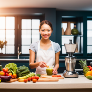 An image capturing a vibrant, sunlit kitchen filled with colorful fruits and vegetables strewn across the counter, a blender whirring away, a teenager joyfully preparing a nutritious smoothie, and a yoga mat rolled out nearby