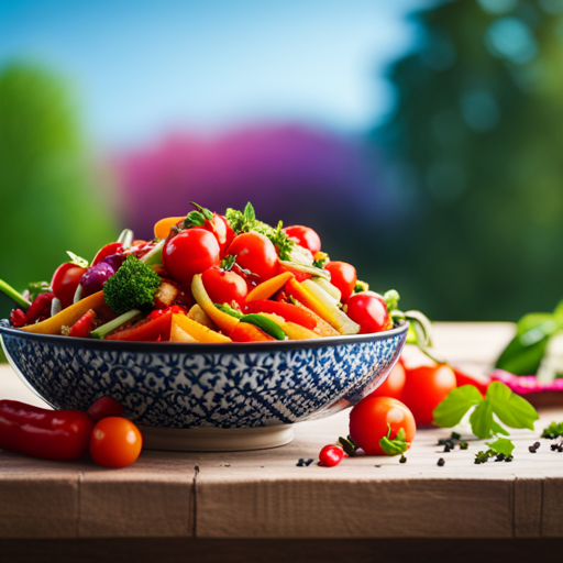 A vibrant image showcasing a bountiful bowl filled with colorful, nutrient-rich vegetables, topped with a sprinkle of toasted seeds, radiating freshness and vitality