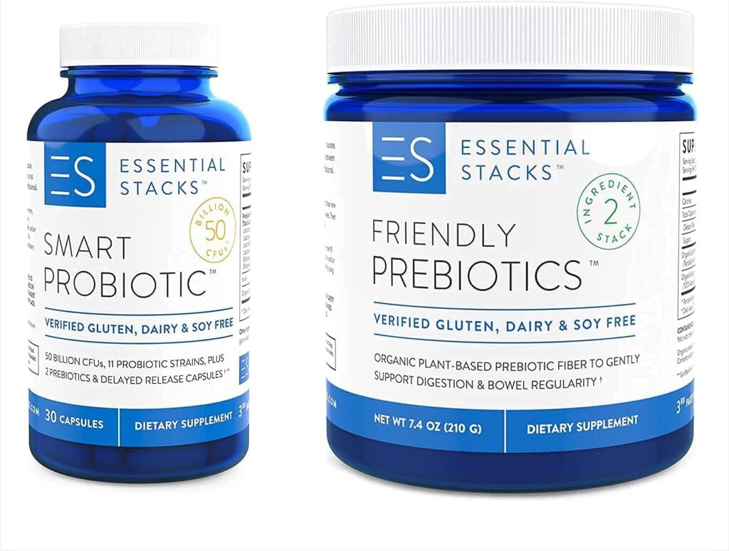 Essential Stacks Fuel Your Gut Bundle: Smart Probiotic (30 ct) + Friendly Prebiotics (7.4 oz)