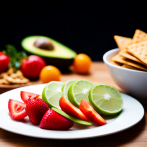 Nt image featuring a beautifully arranged platter of colorful sliced fruits, a creamy avocado dip in a bowl, and a stack of whole wheat crackers next to it