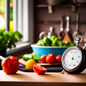 An image of a vibrant kitchen counter with colorful bowls filled with fresh, chopped vegetables, a sizzling skillet with grilled chicken, and a stopwatch nearby, symbolizing the ease and speed of preparing delicious and nutritious 5-minute meals