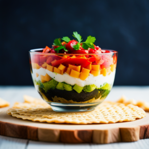 An image showcasing a vibrant, multi-layered dip in a glass dish