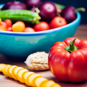 An image showcasing a vibrant bowl filled with a colorful assortment of fresh, nutrient-rich vegetables, juicy fruits, and wholesome grains, exuding a sense of nourishment and energy