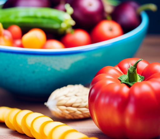 An image showcasing a vibrant bowl filled with a colorful assortment of fresh, nutrient-rich vegetables, juicy fruits, and wholesome grains, exuding a sense of nourishment and energy