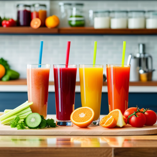 An enticing image showcasing a vibrant array of freshly squeezed fruit and vegetable juices, presented in playful, colorful glasses with cheerful, reusable straws, inviting children to indulge in a nourishing and refreshing drink