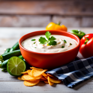 An image showcasing a vibrant bowl of creamy queso dip made with fresh tomatoes, jalapeños, and cilantro, topped with a sprinkle of colorful bell peppers