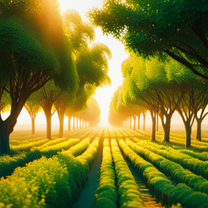 An image of a vibrant, luscious orchard bathed in golden sunlight, showcasing rows of succulent oranges and lemons