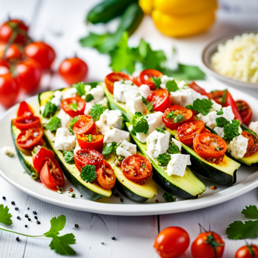 An image showcasing vibrant zucchini boats, overflowing with a colorful medley of roasted veggies, juicy cherry tomatoes, and creamy feta cheese, perfectly seasoned and topped with fresh parsley
