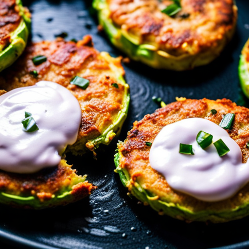 An image showcasing golden-brown zucchini fritters sizzling on a non-stick skillet, their crispy edges glistening with droplets of oil