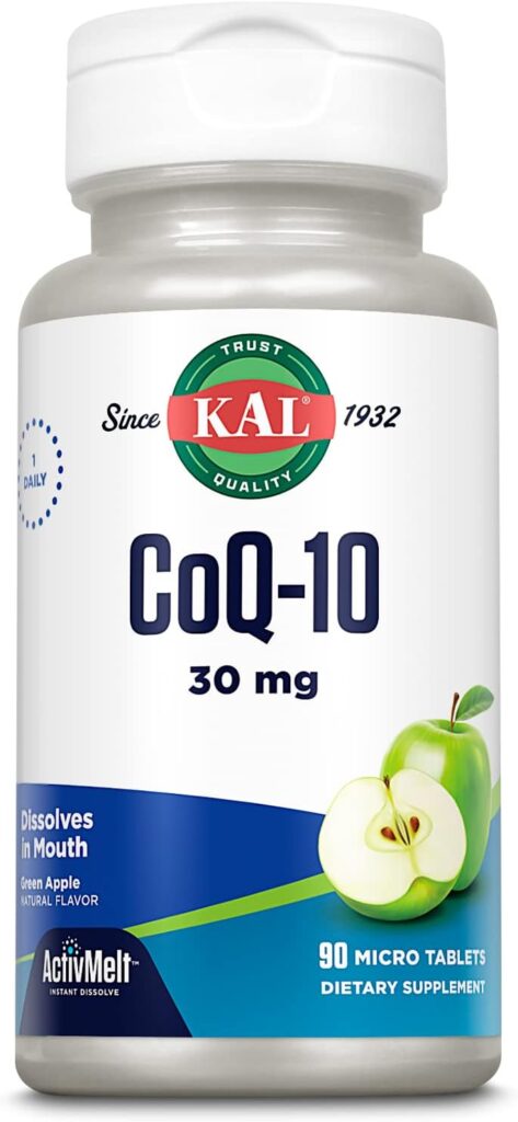 KAL CoQ10 30mg, Antioxidant Formula, CoEnzyme Q10 Supplement for Heart Health and Cellular Energy Support, Fast-Dissolving ActivMelts, Vegetarian, Natural Green Apple Flavor, 90 Serv, 90 Micro Tablets