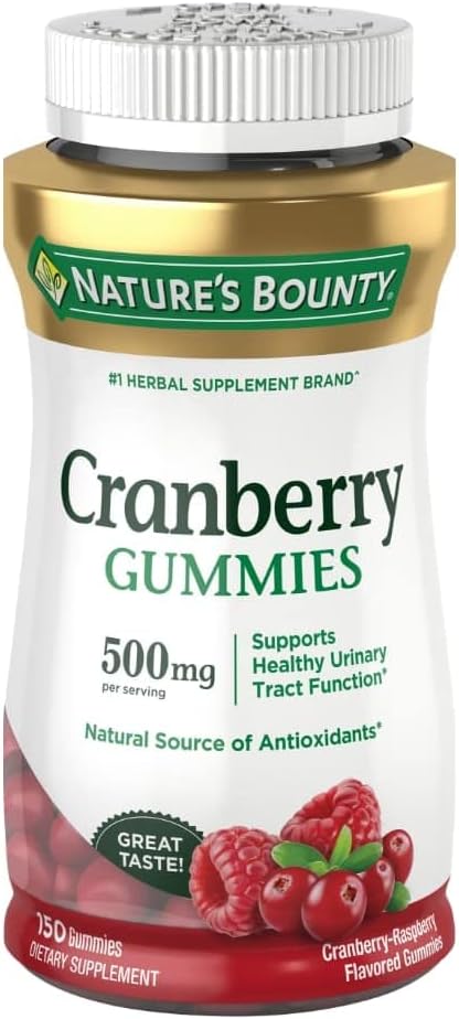 Natures Bounty Cranberry Gummies, Urinary Tract Support, 500 mg, Cran-Raspberry Flavor, 150 Ct