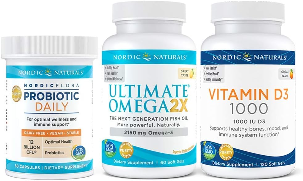 Nordic Naturals Starter Pack - Ultimate Omega 2X 2150mg Fish Oil Omega 3, Vitamin D3 1000 IU, Probiotic Daily 12 Billion CFU
