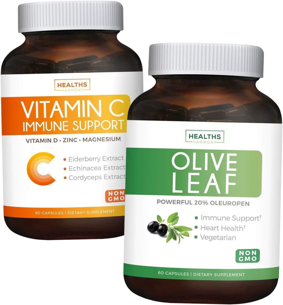 Save $4 (12% off) - Herbal Immune Bundle - Olive Leaf Extract (Non-GMO) Super Strength: 20% Oleuropein 750mg caps and Immune Support - Vitamin C with Zinc, Vitamin D, Elderberry  Echinacea (Non-GMO)