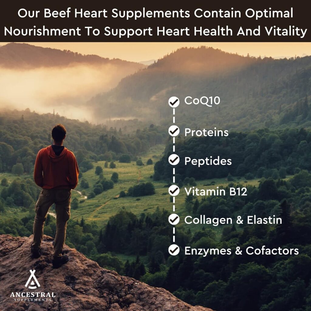 Ancestral Supplements Grass Fed Beef Heart Supplement, 3300mg, CoQ10 Supplement with Grass Fed Beef Liver, Supports Energy, Immune, Heart and Mitochondrial Health, Non GMO, 180 Capsules