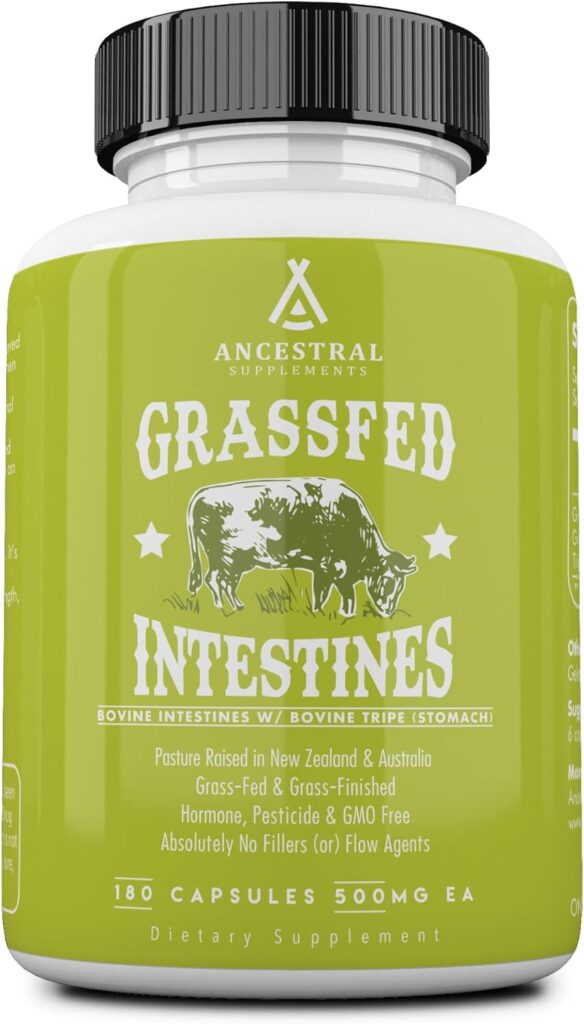 Ancestral Supplements Grass Fed Beef Intestines with Stomach (Tripe), 3000mg, Digestion Supplement Supports Digestive and Intestine Health and Acid Reflux, Non-GMO, 180 Capsules