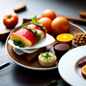 An image showcasing a plate adorned with a colorful assortment of nutritious foods, delicately balanced with indulgent treats