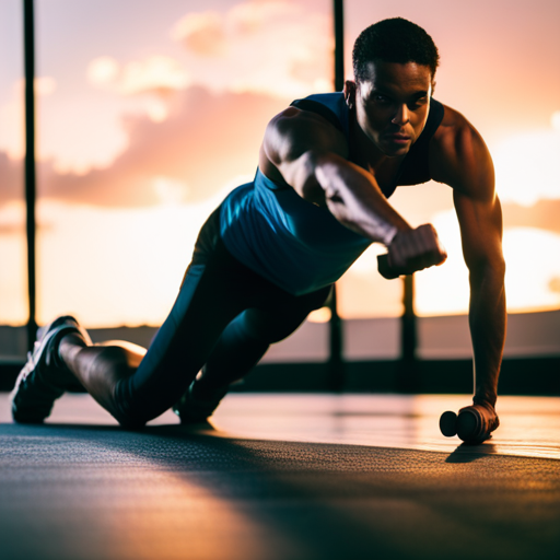 An image featuring a well-lit living room with a yoga mat, dumbbells, resistance bands, and a water bottle, showcasing a person performing a variety of exercises like push-ups, lunges, and squats