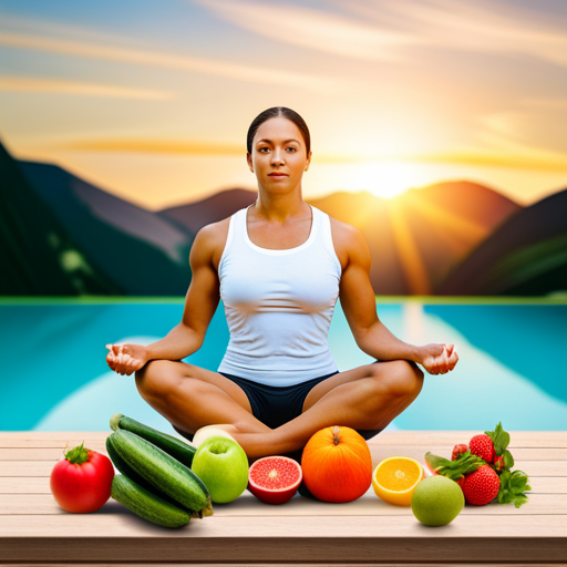 An image that portrays a person meditating in nature, surrounded by fresh, colorful fruits, vegetables, and exercise equipment
