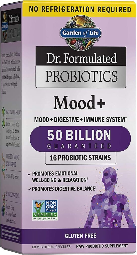 Garden of Life Dr. Formulated Probiotics Mood+ Acidophilus Probiotic Supplement - Promotes Emotional Well-Being, Relaxation and Digestive Balance - Ashwagandha for Stress Management, 60 Veggie Caps