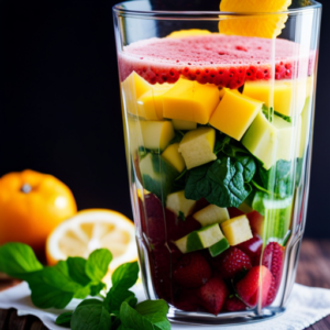 An image featuring a vibrant assortment of ripe fruits and leafy greens, meticulously arranged in a glass blender