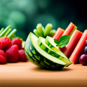 An image showcasing a colorful assortment of fresh fruits, such as juicy watermelon slices, tangy berries, and crisp apple wedges, alongside crunchy carrot sticks and vibrant green celery stalks