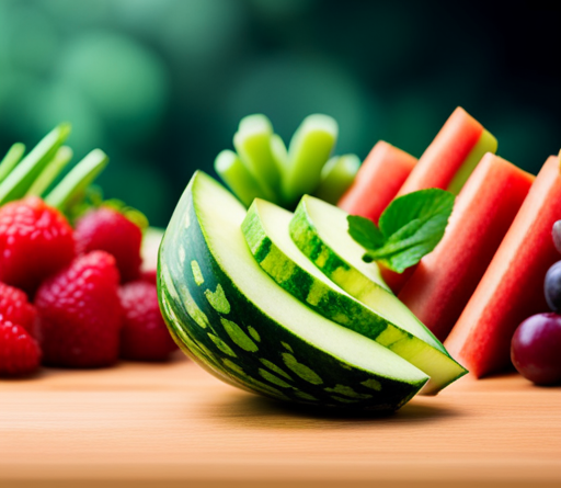 An image showcasing a colorful assortment of fresh fruits, such as juicy watermelon slices, tangy berries, and crisp apple wedges, alongside crunchy carrot sticks and vibrant green celery stalks