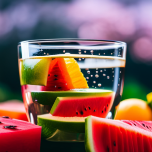 An image showcasing a glass of water surrounded by vibrant fruits like watermelon, cucumber, and oranges