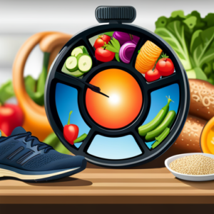 An image showcasing a vibrant plate filled with lean proteins, colorful vegetables, and whole grains, surrounded by a stopwatch, kettlebell, and running shoes, symbolizing the key components of a metabolism-boosting weight loss journey