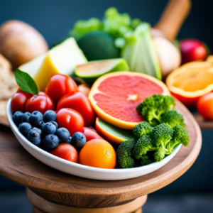 An image showcasing a colorful plate filled with a variety of fresh fruits and vegetables, lean proteins, and whole grains, reflecting the diverse and nutritious seasonal options available for maintaining weight loss goals throughout the year