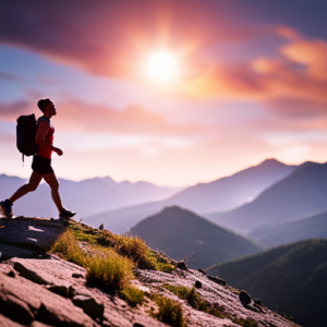 An image depicting a person on a mountain trail, wearing workout gear and carrying a backpack