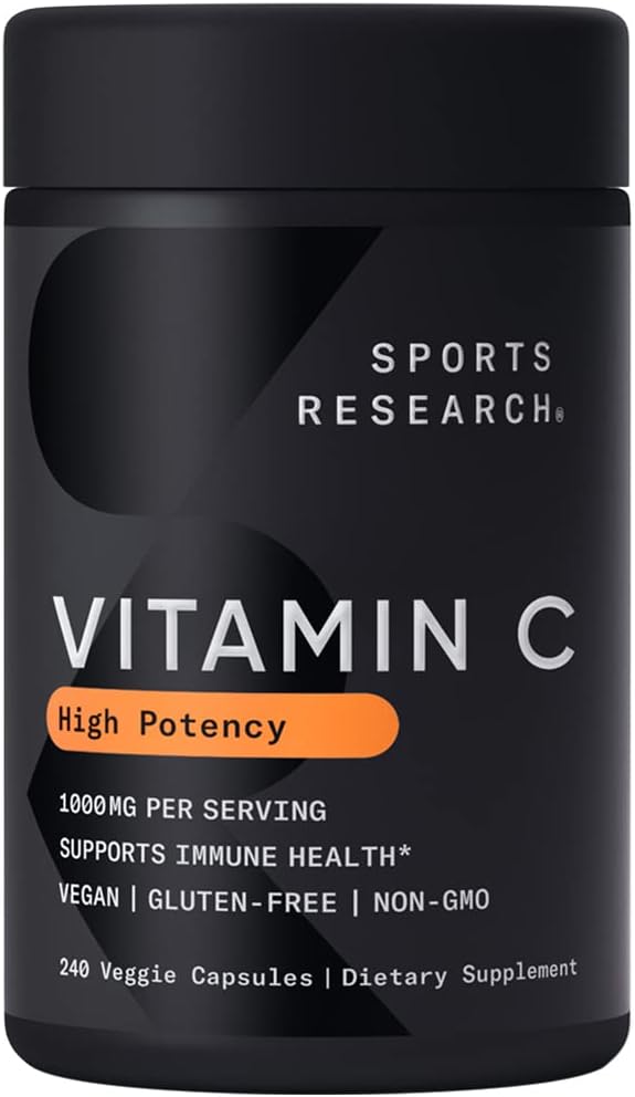 Sports Research High Potency Vitamin C Supplement - Vegan Veggie Capsules for Antioxidant Activity  Immune Support - Non-GMO Verified  Gluten Free - Ascorbic Acid Vitamin C 1000mg, 240 Count