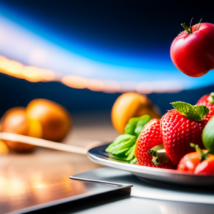 An image depicting a plate filled with colorful fruits and vegetables, next to a scale showing a decreasing number