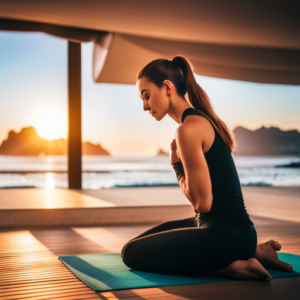 the serene ambiance of a sun-lit yoga studio, adorned with lush green plants and a panoramic view of a tranquil beach, as a yogi gracefully performs a challenging pose, embodying the power of yoga for weight loss and toning