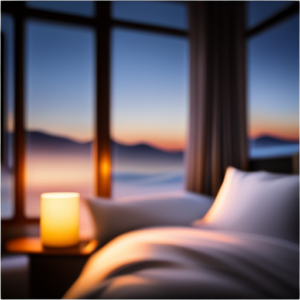 An image showcasing a serene bedroom scene with dimmed lights, a cozy bed adorned with soft, inviting pillows, and a sleep tracker on the nightstand, highlighting the vital link between quality sleep and successful weight loss