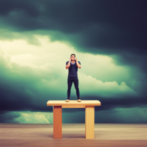 An image featuring a person, with a worried expression, standing on a seesaw