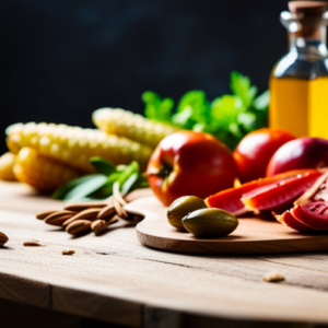 An image of a rustic wooden table adorned with vibrant, freshly picked Mediterranean fruits, colorful vegetables, whole grains, lean proteins, and a bottle of extra virgin olive oil, showcasing the diverse and nutritious elements of the Mediterranean diet