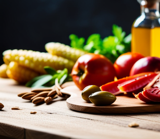 An image of a rustic wooden table adorned with vibrant, freshly picked Mediterranean fruits, colorful vegetables, whole grains, lean proteins, and a bottle of extra virgin olive oil, showcasing the diverse and nutritious elements of the Mediterranean diet