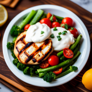 An image showcasing a diverse plate of grilled chicken breast, Greek yogurt, lentils, and eggs, surrounded by vibrant vegetables, illustrating the vital role of protein in effective weight loss diets