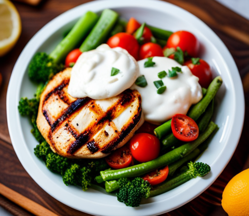 An image showcasing a diverse plate of grilled chicken breast, Greek yogurt, lentils, and eggs, surrounded by vibrant vegetables, illustrating the vital role of protein in effective weight loss diets