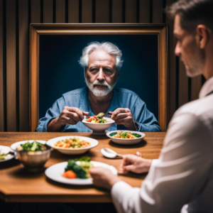 An image showcasing a person sitting at a table surrounded by healthy food, while their reflection in a mirror shows them indulging in unhealthy comfort food