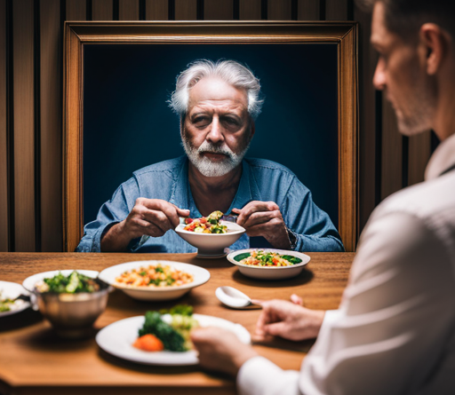An image showcasing a person sitting at a table surrounded by healthy food, while their reflection in a mirror shows them indulging in unhealthy comfort food