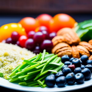 An image showcasing a colorful plate filled with a variety of high-fiber foods like avocados, berries, whole grains, legumes, and leafy greens