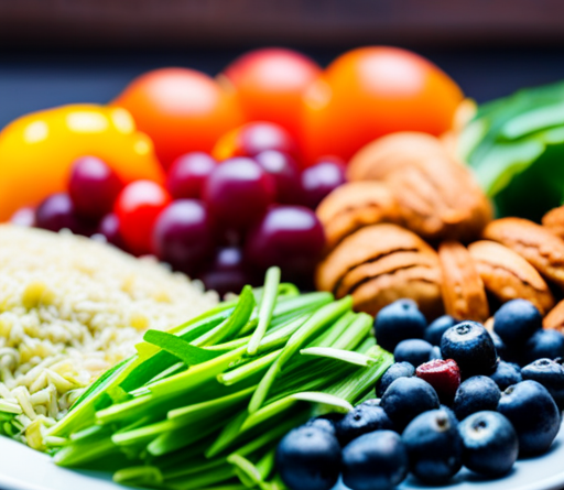 An image showcasing a colorful plate filled with a variety of high-fiber foods like avocados, berries, whole grains, legumes, and leafy greens