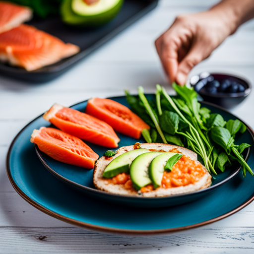 An image showcasing a colorful plate filled with nutrient-rich, low-carb foods like avocado, salmon, leafy greens, and berries