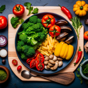 An image showcasing a vibrant platter filled with colorful, nutrient-rich vegetables like leafy greens, crunchy bell peppers, juicy tomatoes, and succulent mushrooms, highlighting the benefits and delicious possibilities of a vegetarian diet for weight loss