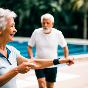 An image that showcases a silver-haired senior engaging in low-impact exercises, like swimming or brisk walking, with a supportive trainer by their side, portraying the safe and effective strategies for weight loss in seniors