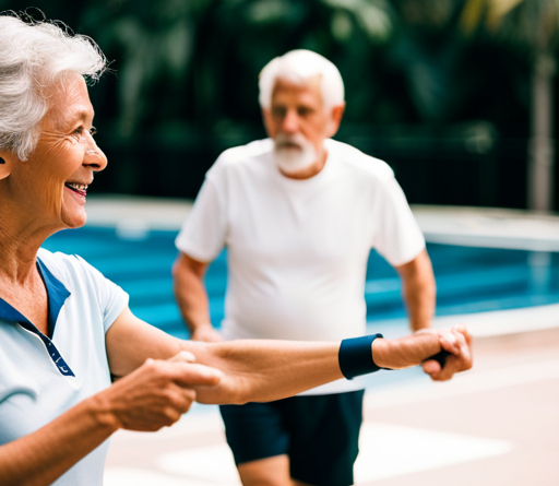 An image that showcases a silver-haired senior engaging in low-impact exercises, like swimming or brisk walking, with a supportive trainer by their side, portraying the safe and effective strategies for weight loss in seniors