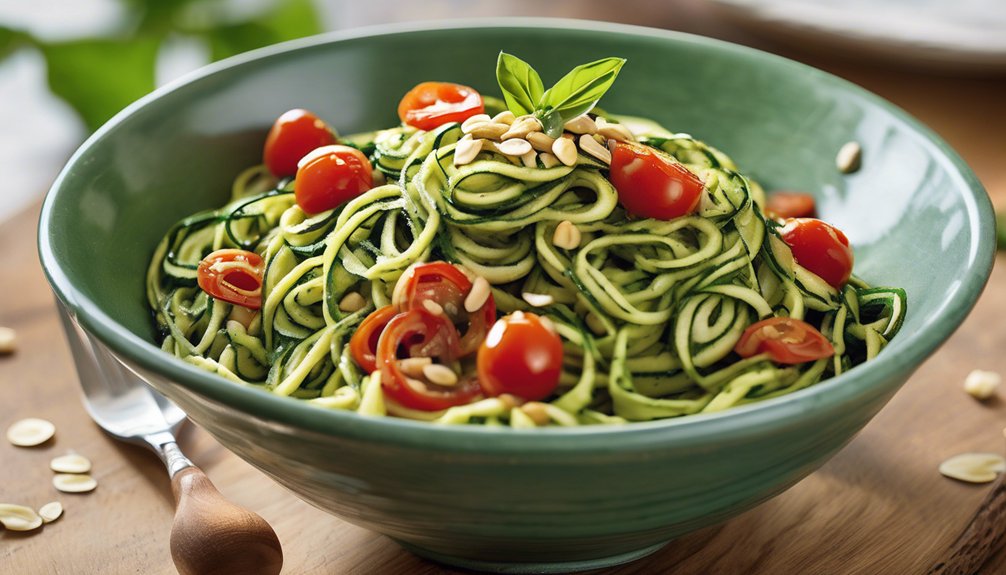 zucchini noodles topped with pesto